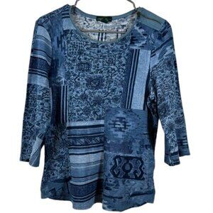 LRL Lauren Jeans Blue Color Block Patchwork Blue S/S Blouse Large EUC #1336-LA